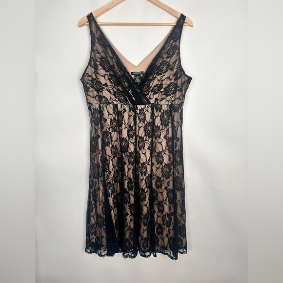 Fit and Flare Black/Tan Lace Overlay Sleeveless Dress | 14W - Picture 1 of 10